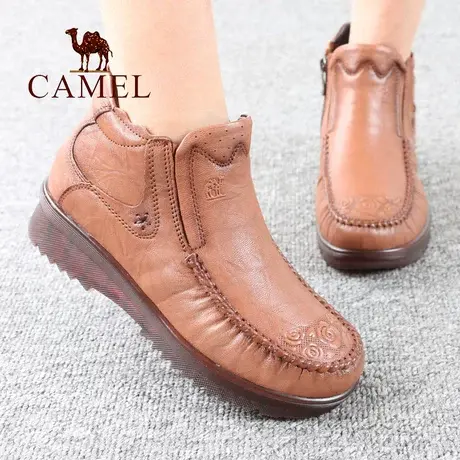 Camel/骆驼女鞋冬季加绒保暖真羊皮牛筋底防滑舒适休闲妈妈短靴子图片