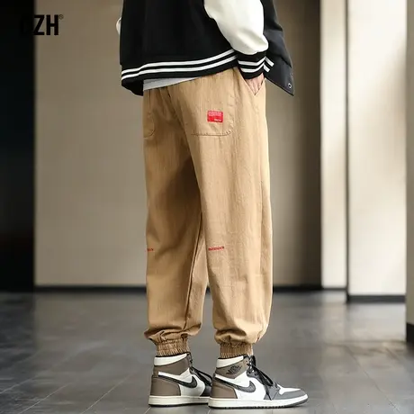 男士卡其色裤子潮牌男束脚裤秋季男裤休闲裤小个子工装裤2023新款商品大图