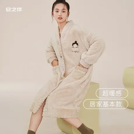 安之伴珊瑚绒睡衣女冬季加绒加厚保暖家居服甜美雪花绒中长款睡袍商品大图