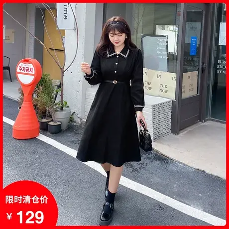 2021秋冬新款中长款遮肉法式桔梗斜纹磨毛气质连衣裙显瘦大码胖mm商品大图