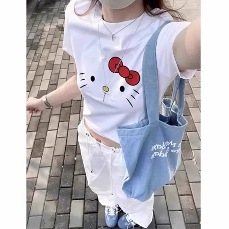 小众修身凯蒂猫卡通印花可爱短袖t恤女2025夏季显瘦辣妹短款上衣图片