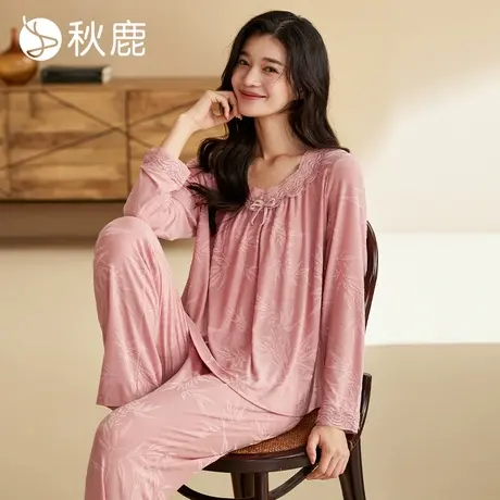秋鹿【超柔软】针织提花纯棉睡衣女2025春秋新款可外穿长袖家居服商品大图