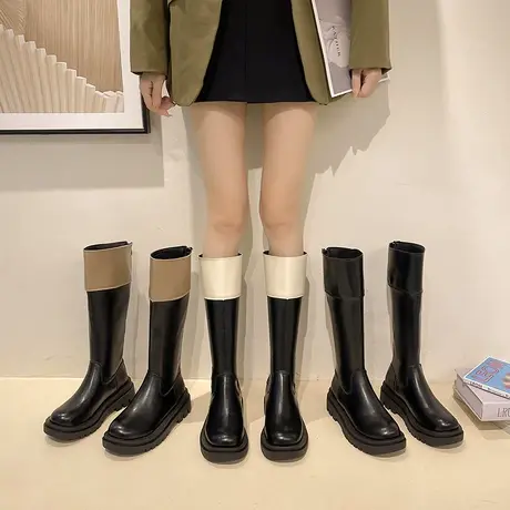 永希厚底女骑士靴春秋季2023新款百搭粗跟显瘦高筒法式洋气长筒靴图片