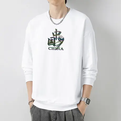 380g重磅纯棉卫衣男中国潮流宽松圆领无帽上衣摇粒绒白色长袖t恤商品大图