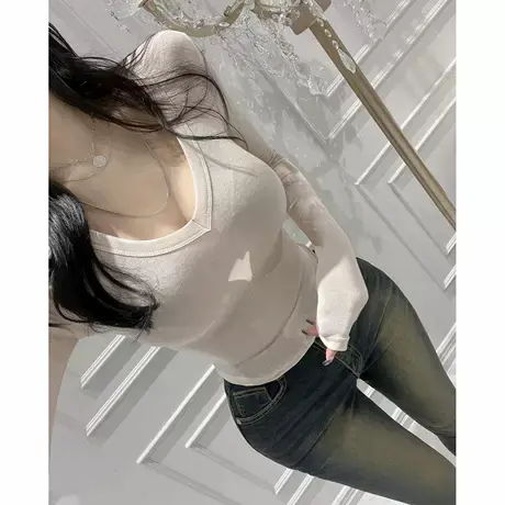 现货~Onoev新款长袖V领T恤显身材微透人造丝弧形收腰T恤图片