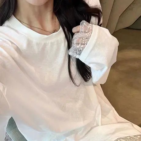 韩系高级感蕾丝花边拼接长袖T恤女早春秋季韩版宽松设计感上衣潮商品大图