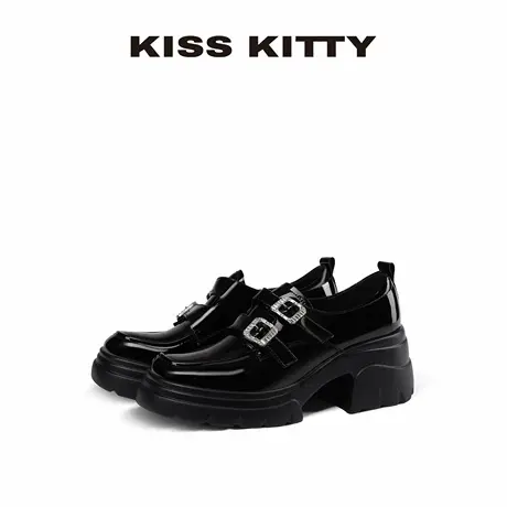 KISSKITTY小皮鞋女2025新款黑色百搭高跟深口单厚底英伦乐福鞋图片