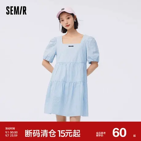 森马连衣裙女方领泡泡袖夏季新款活泼可爱小众减龄条纹娃娃裙商品大图