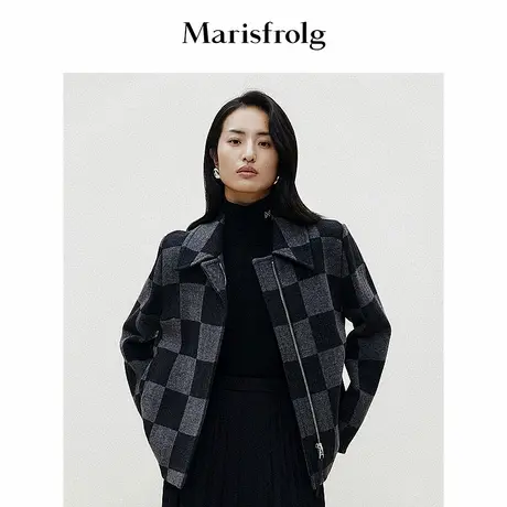 【复古外套】玛丝菲尔冬新款灰色棋盘格子纹羊毛毛呢外套大衣女商品大图