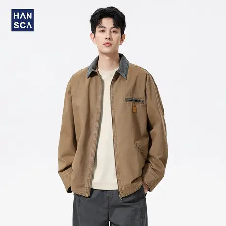 hansca300g复古底特律宽松夹克男春秋季美式潮牌撞色翻领休闲外套商品大图