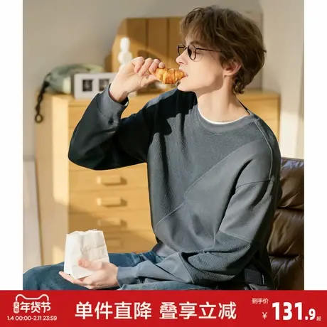 唐狮2026春季新款男拼接圆领卫衣设计感黑色美式重磅潮牌宽松男士商品大图