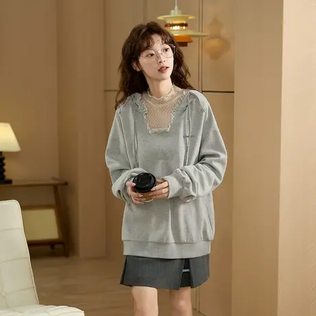 唐狮秋季新款卫衣女灰色木耳领高级感连帽甜美宽松减龄上衣TM图片