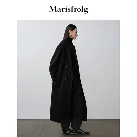【艺术时装大衣】玛丝菲尔2023年秋季新款绵羊毛黑色极简呢子大衣图片