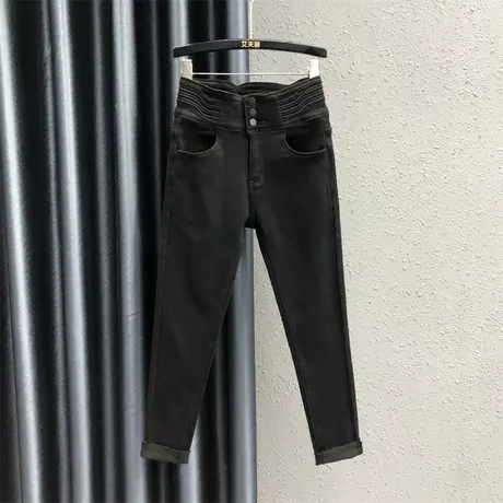 欧货三粒扣加绒加厚铅笔裤女2023冬季新款黑色修身百搭牛仔长裤潮图片