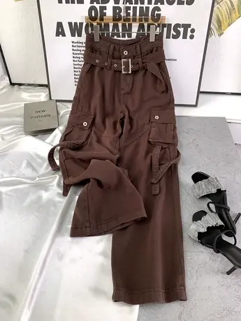 韩版腰带大口袋牛仔工装裤女2023秋季新款显瘦百搭高腰宽松休闲裤商品大图