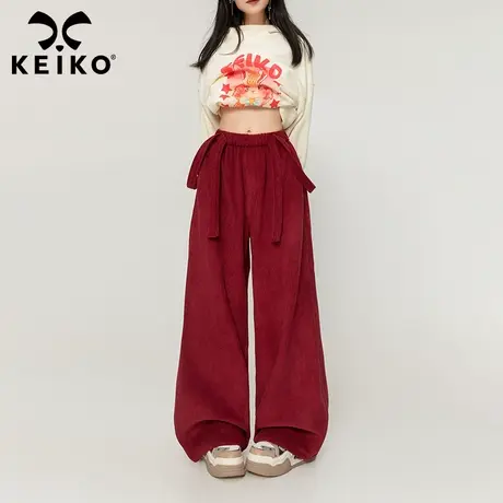 KEIKO [加绒]酒红色雪尼尔阔腿裤秋冬韩系垂感宽松直筒裤拖地裤子图片