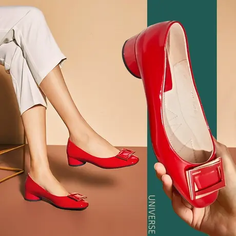 清仓女鞋秋季方头漆皮红色单鞋中跟舒适高跟鞋软皮女不磨脚商品大图