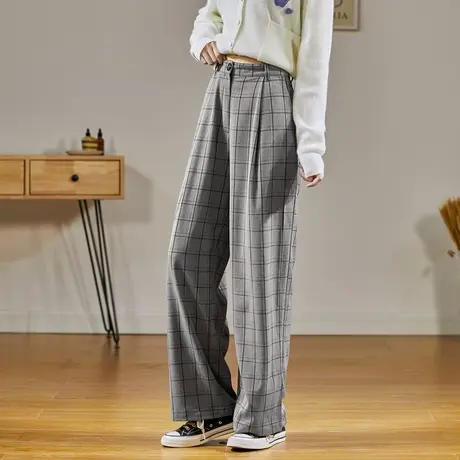 唐狮春秋新款格子裤女宽松直筒阔腿裤垂感高腰休闲长裤西装裤女图片