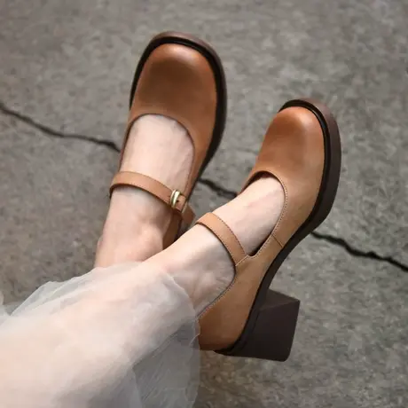 Artmu阿木原创复古粗跟高跟鞋一字扣单鞋玛丽珍鞋真皮女鞋新款图片