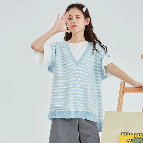 唐狮V领蓝色条纹毛衣马夹女春秋新款少女感背心温柔外搭女针织衫图片