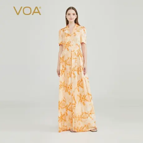 VOA22姆米真丝提花橘黄印花西装领短袖单排扣宽松休闲阔腿连体裤图片