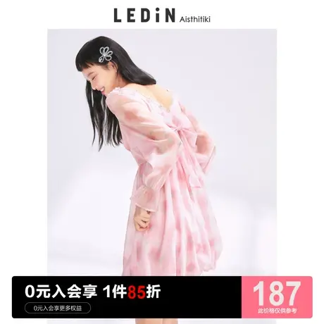 乐町长袖心动连衣裙休闲春夏新款碎花雪纺粉色宽松蝴蝶结女装温柔图片