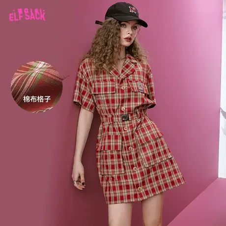 妖精的口袋红色西装裙格子连衣裙女2023夏新款收腰气质显瘦学院风商品大图