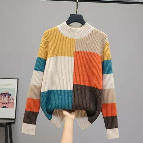 2023春秋新款韩版宽松半高领撞色针织衫套头长袖毛衣女打底衫女士商品大图