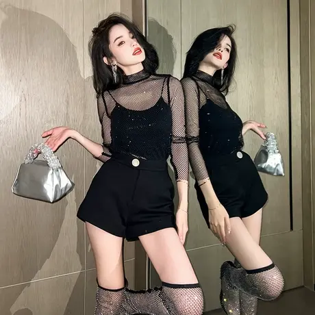 夜店辣妹透视装网纱外穿上衣设计感小众半高领长袖性感罩衫T恤女商品大图