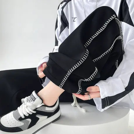 黑色条纹休闲阔腿裤女冬季新款高腰宽松显瘦加绒加厚垂感拖地裤子图片