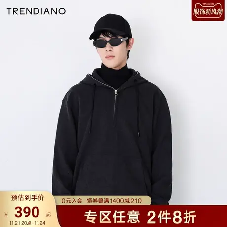 TRENDIANO新款秋季双面色织袋鼠兜拉链套头卫衣男纯色长袖商品大图