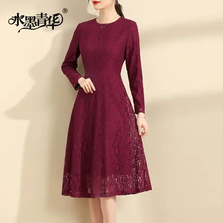 水墨青华气质名媛蕾丝连衣裙女中长款新款秋季显瘦红色打底裙商品大图