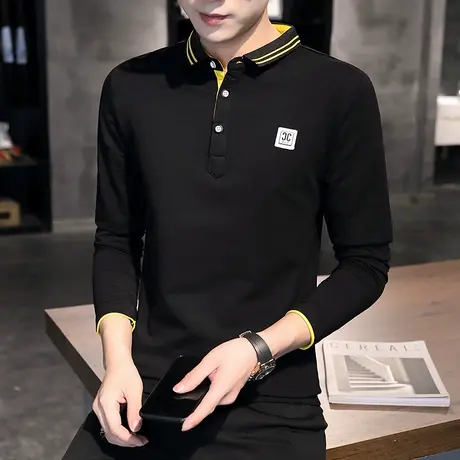 纯棉休闲纯色男士POLO衫2023秋季新款长袖t恤男装修身大码上衣ins商品大图
