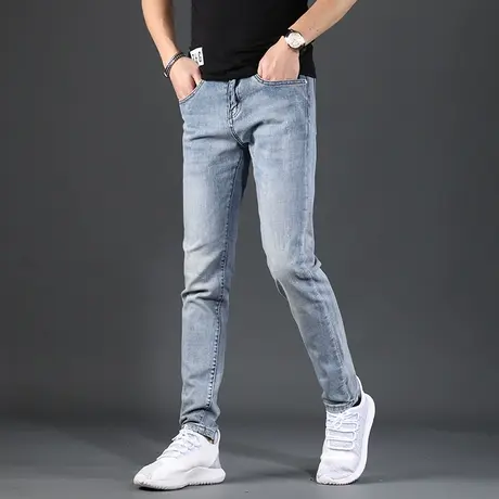 夏季牛仔裤男2024新款修身小脚浅蓝色韩版弹力休闲男士裤子薄款商品大图