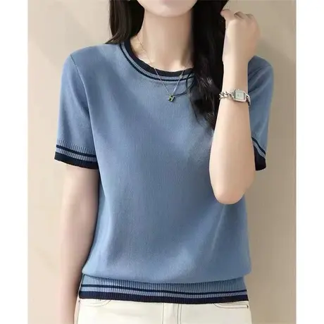 2023新款夏女士针织衫上衣打底衫短袖宽松常规套头冰丝百搭薄款女商品大图