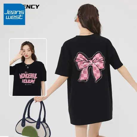 ZR真维斯黑色短袖t恤女夏季新款下半身失踪小众中长版半袖上衣潮商品大图