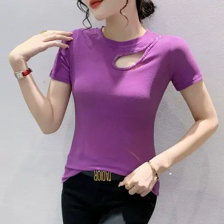 欧货性感T恤女短袖时尚洋气镂空小衫夏季修身百搭上衣别致体恤ins商品大图