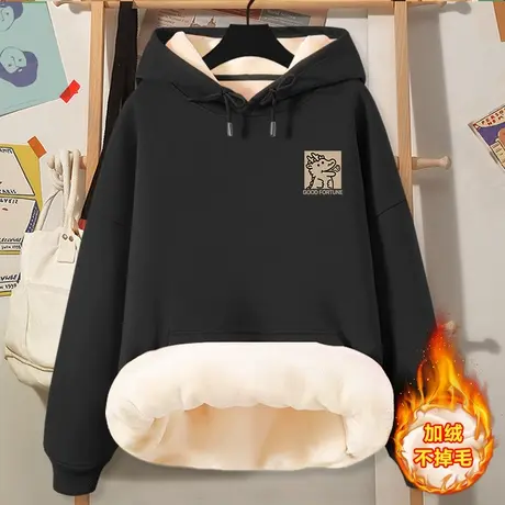 黑色卫衣连帽卫衣女2023年新款加绒韩系宽松带帽卫衣学生秋冬上衣商品大图