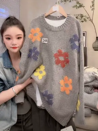 慵懒风高级感小众彩色花朵毛衣2023秋冬新款韩版百搭显瘦针织衫洋图片