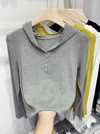 2023春秋新款欧货连帽螺纹T恤女长袖纯色薄款弹力内搭打底衫上衣图片