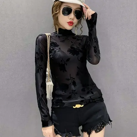 加绒打底衫女秋冬复古印花长袖T恤网纱提花洋气小衫紧身内搭上衣商品大图