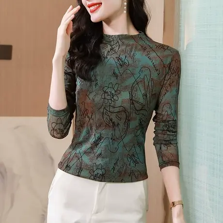早秋2024新款复古印花雪纺衫女长袖妈妈装时尚半高领网纱打底上衣图片