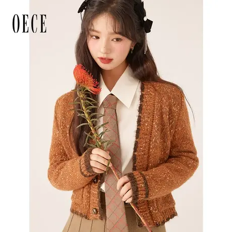 Oece初秋复古针织衫外套秋季新款女装开衫春秋上衣短款毛衣商品大图