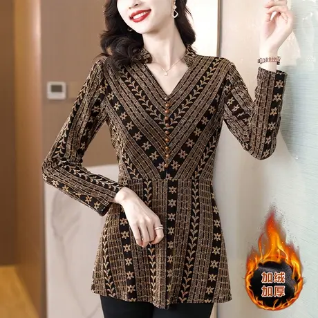 2023年秋冬新款加绒打底衫女中年妈妈装长袖修身洋气中长款小衫女商品大图