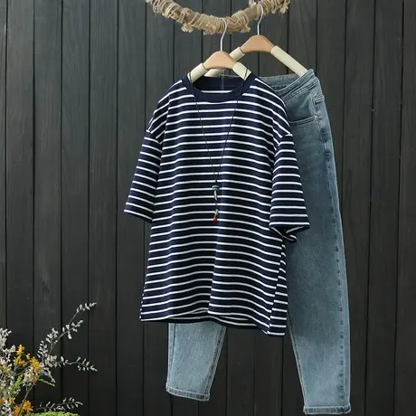 撞色条纹短袖t恤女夏季2022年设计感圆领宽松短款上衣纯棉打底衫商品大图