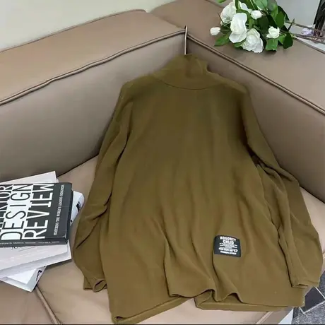 欧洲站慵懒风贴标长袖加厚磨毛高领打底衫中长款纯色设计感T恤潮商品大图