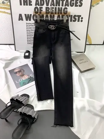 水洗磨白韩版牛仔铅笔裤2023秋季新款显瘦百搭弹力高腰九分小脚裤商品大图