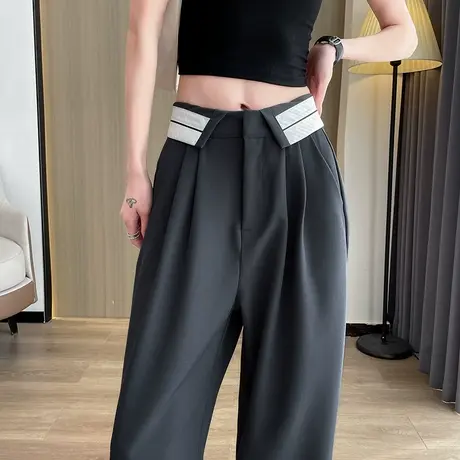 灰色西装阔腿裤女2023年春秋新款高腰垂感窄版直筒显瘦休闲拖地裤图片
