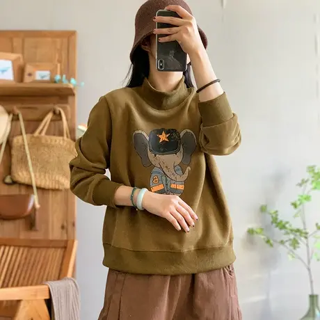 dza 复古印花小象漂亮加绒卫衣女士秋冬内搭休闲长袖套头高领上衣图片