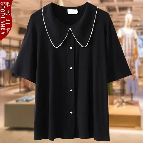 中年胖妈妈夏装洋气时尚短袖上衣遮肚子加肥加大码钉珠针织棉T恤图片